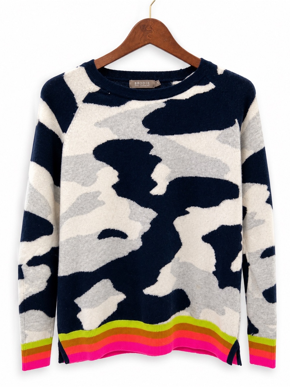 Brodie Cashmere Navy, Ivory & Gray Camo Crewneck with Neon Stripe Hem